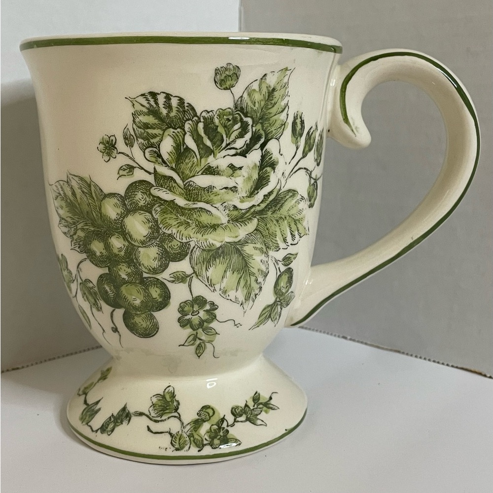 Green and White Toile Pedestal Ceramic Mug by Maxcera Corp. OVERSIZE